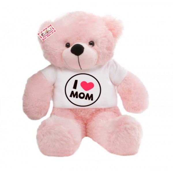 2 feet pink teddy bear wearing I Love Mom T-shirt